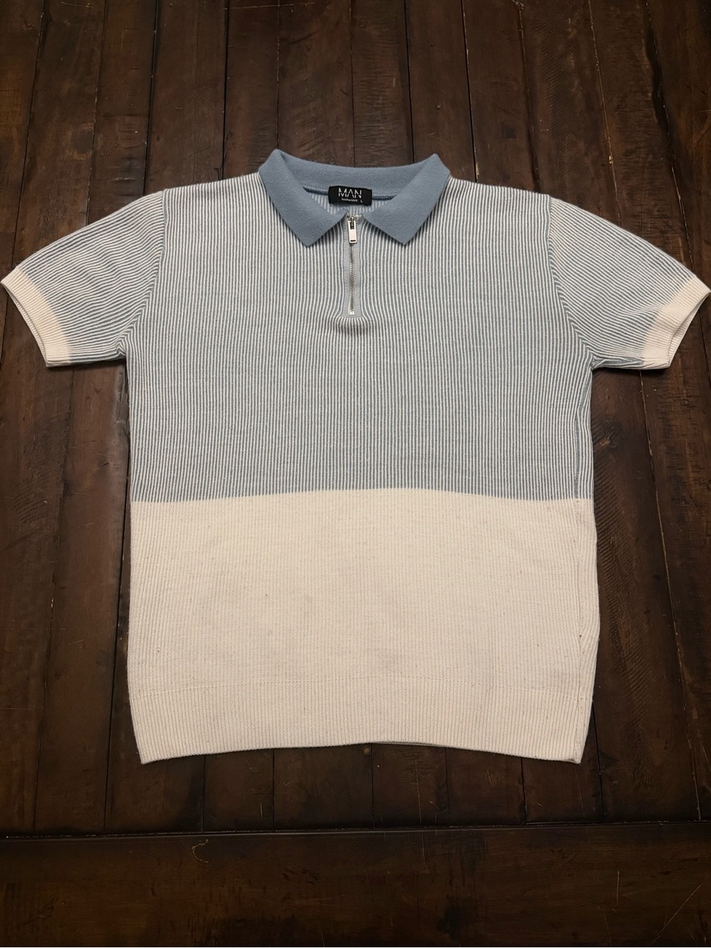 boohooMAN Quarter-Zip Knit Polo — Blue Stripe Colorblock, L